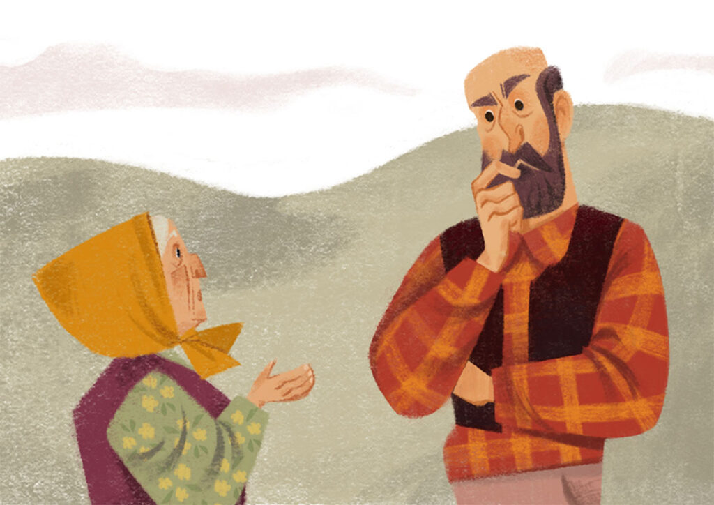 Ilustración de la anciana hablando con el campesino, para "Las lacrimógenas desventuras de la Niña Cebolla, que a todos hace llorar"